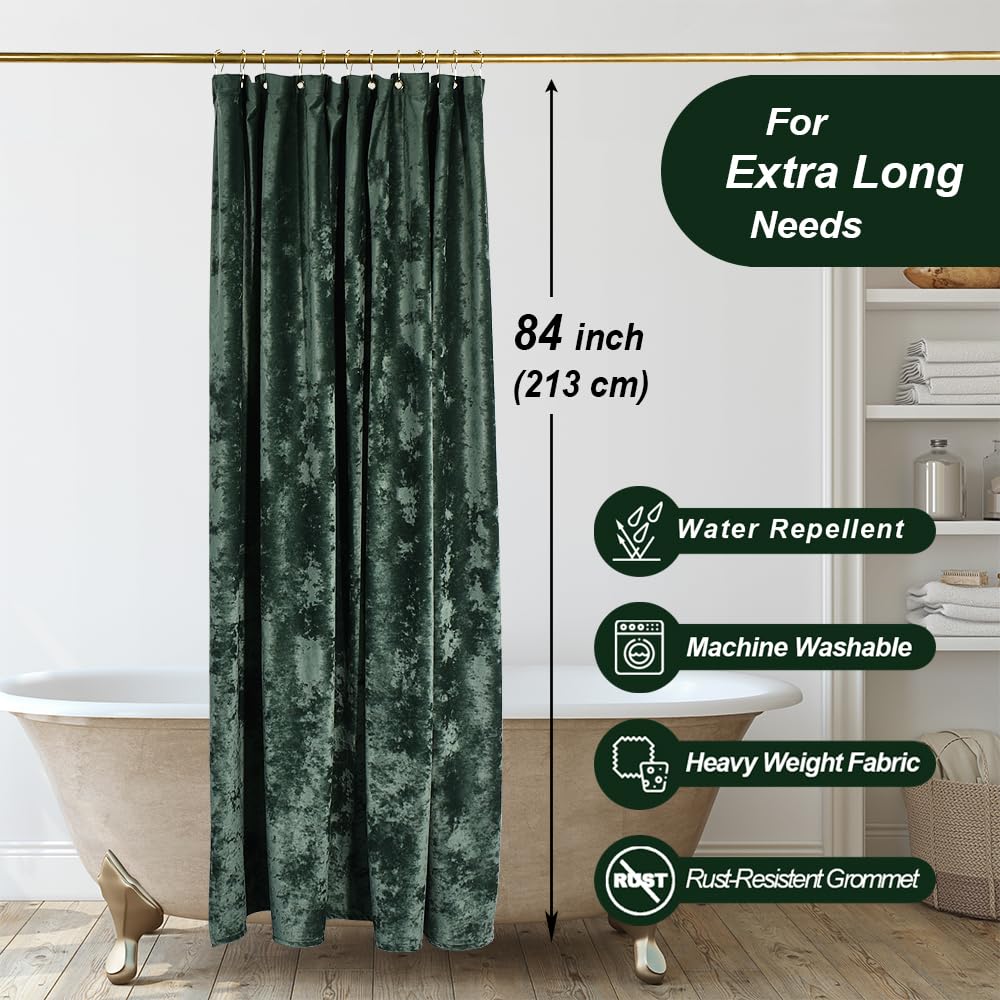 Extra Long Shower Curtain 84 inch Height, Crushed Velvet XL Shower Curtain Set with 12 Gold Hooks, Waterproof Thick