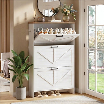 Shoe Storage Cabinet, Freestanding Fluted Accent Ultra Slim Shoe Cabinet with 3 Flip Drawers, Farmhouse Shoe Rack