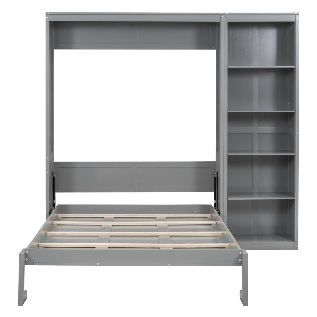 Space-Saving Gray Murphy Bed Full Size with Adjustable Storage Shelves, Multifunctional Foldable Wall Bed for Small