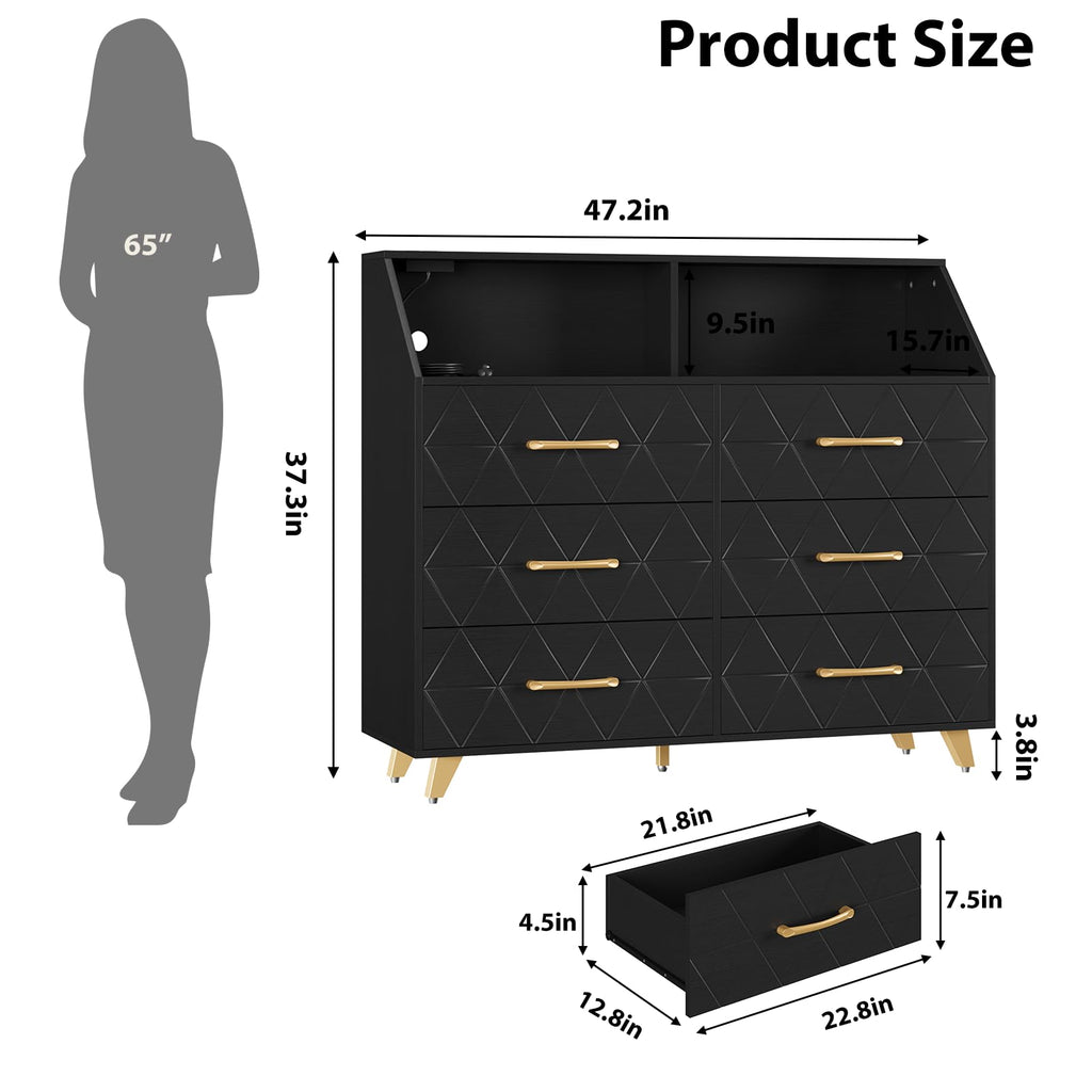 6 Drawer Dresser with LED Lights & Charging Station, Wooden Black Dresser, Modern TV Stand Dressers & Chests of