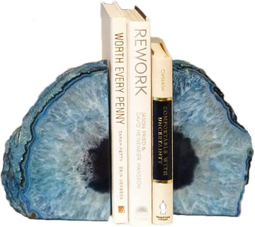 Heavy Blue Agate Geode Bookends Anti-Slip Rubber Pads Decor 6-8 lbs | 1Pair dyed blue crystal bookends Large heavy