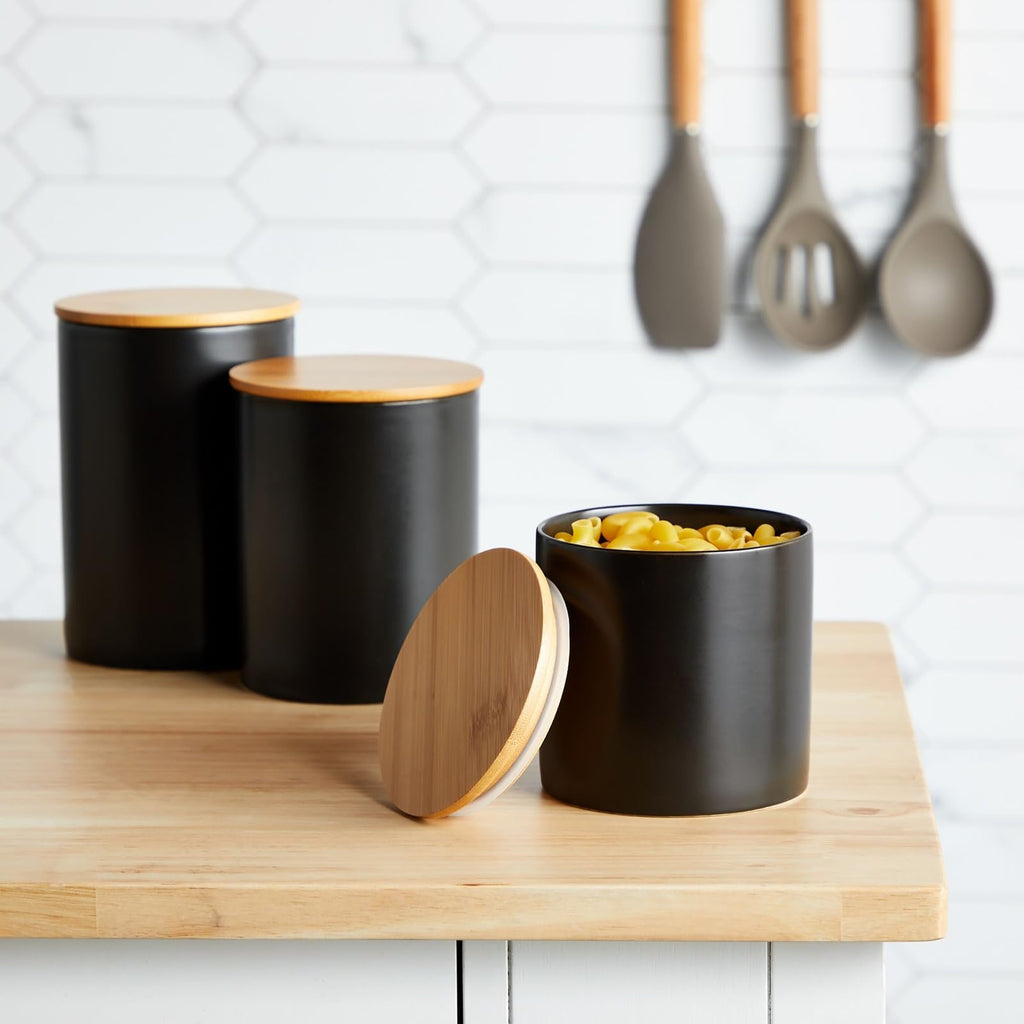 Set of 3 Matte Black Kitchen Canister with Airtight Wooden Bamboo Lids, Kitchen Counter Containers, Food Storage