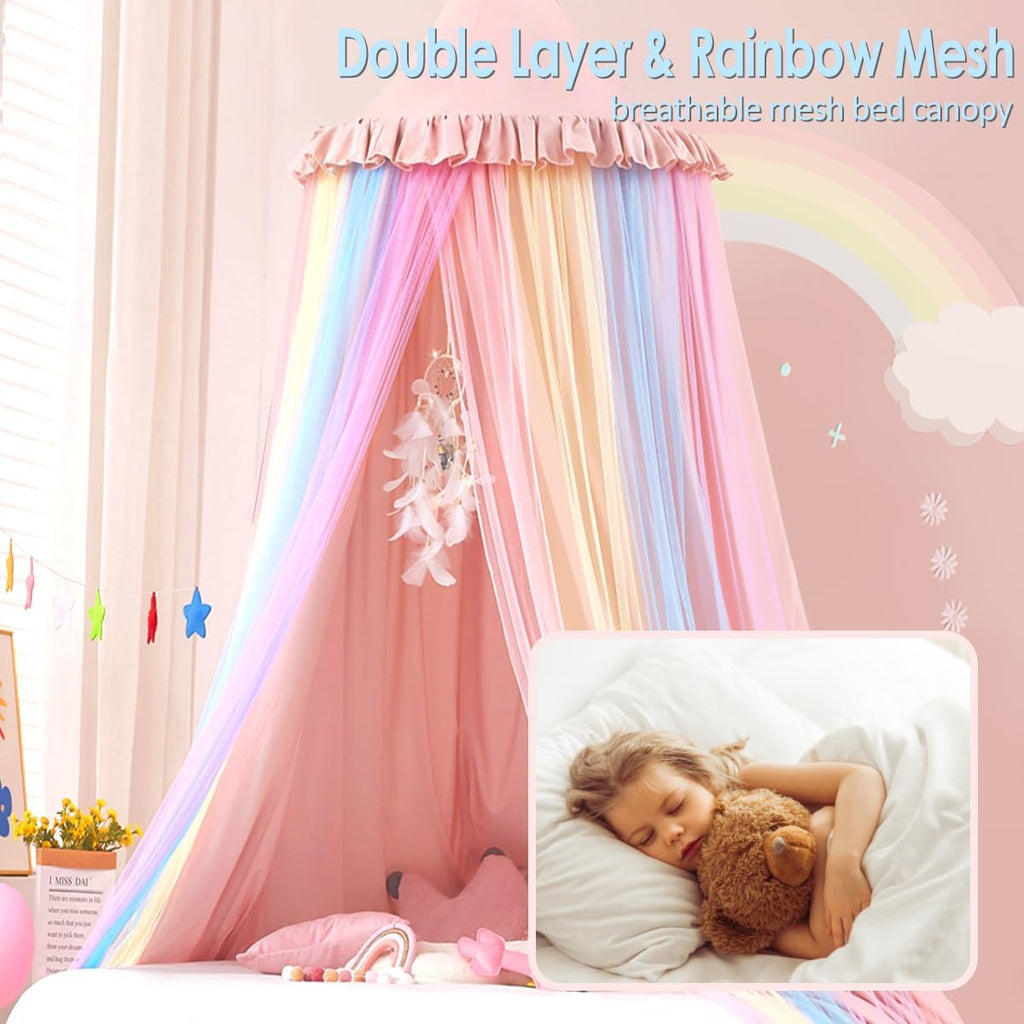 Rainbow Bed Canopy for Girls Dreamy Mosquito Net for Bed Round Dome Princess Bed Canopy Girl Room Play Tent Canopy