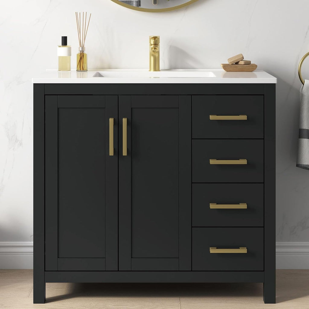 36" Black Single Sink Bathroom Vanity with Integrated Top - Freestanding Vanity Cabinet