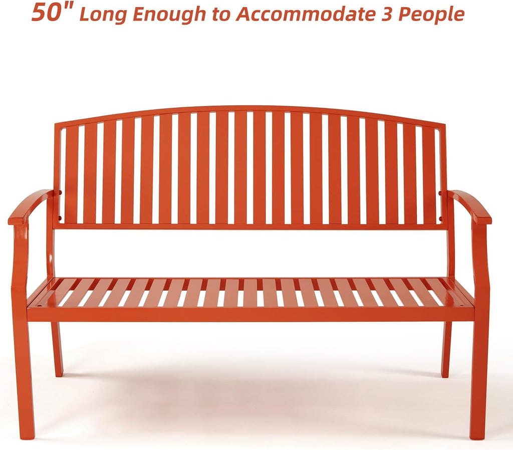 52" Outdoor Aluminum Garden Bench for 2, Weatherproof, Orange | waterproof rust-resistant metal bench supports up to
