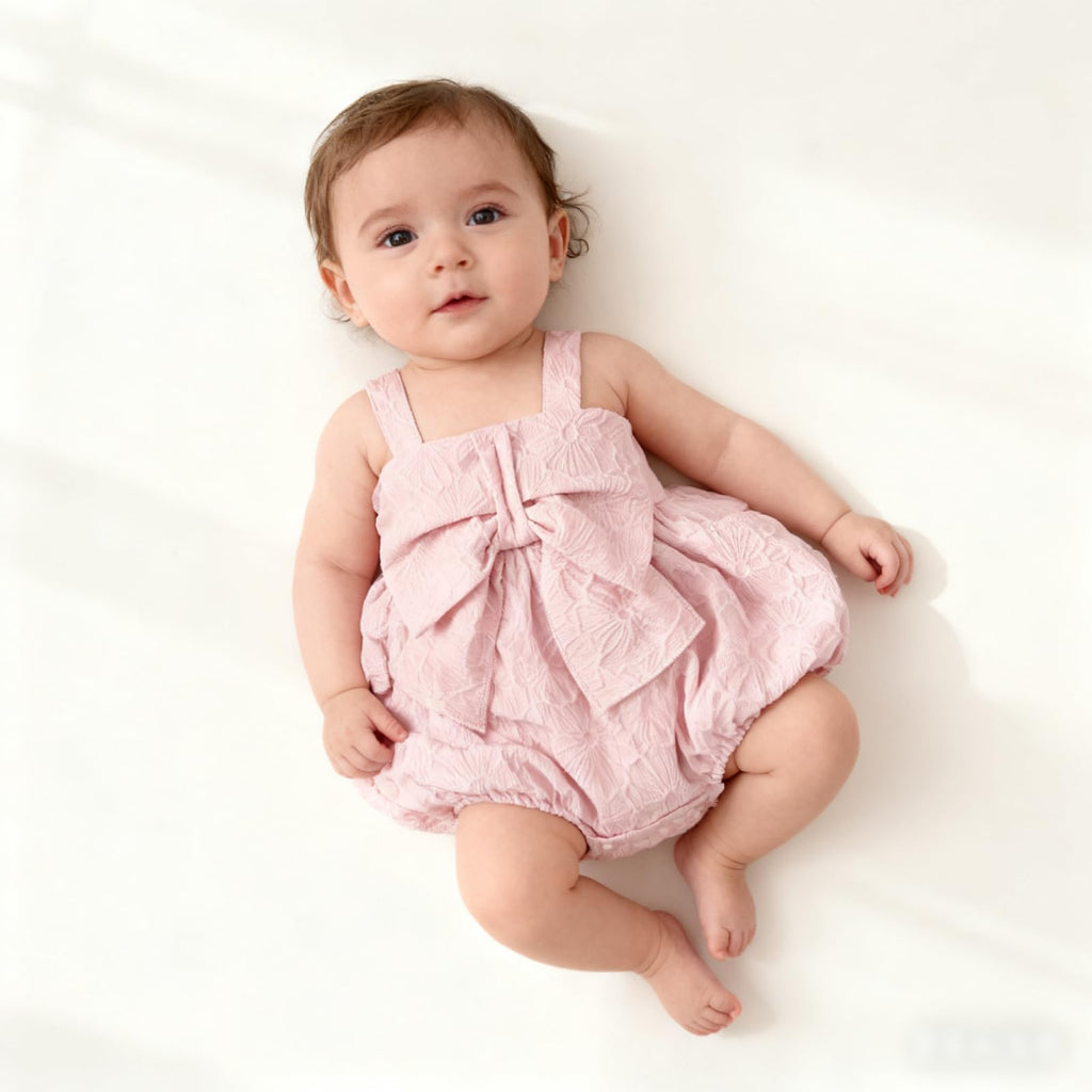 Baby Girls Sleeveless Bow Romper Bubble Smock Dress with Floral Texture for Parties Weddings Special Occasions