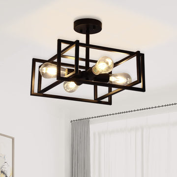 Black Ceiling Light Fixtures - 4-Light Industrial Farmhouse Flush Mount Ceiling Lighting, Vintage Metal Chandelier