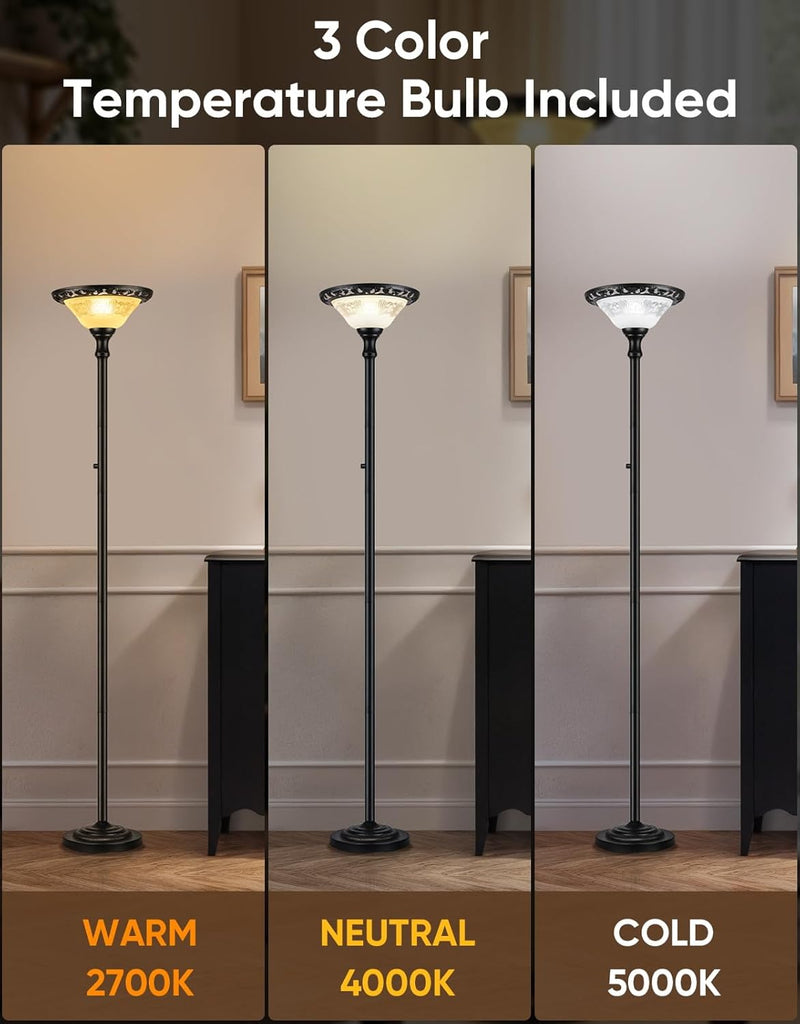 Torchiere Floor Lamps, 71" Tall Standing Lamp with Thick Glass Shade, Metal Pole & Heavy Base