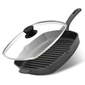 10.5 Inch Cast Iron Square Grill Pan with Tempered Glass Lid, Heavy Steak & Bacon Pans for Stove Tops