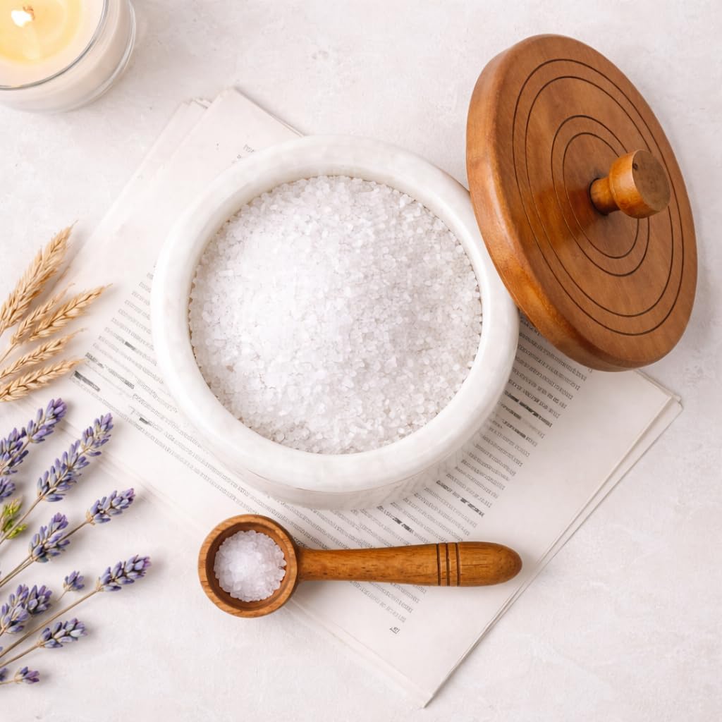 Marble salt cellar with lid and spoon, salt container with spoon, salt bowl with acacia wood lid, salt holder