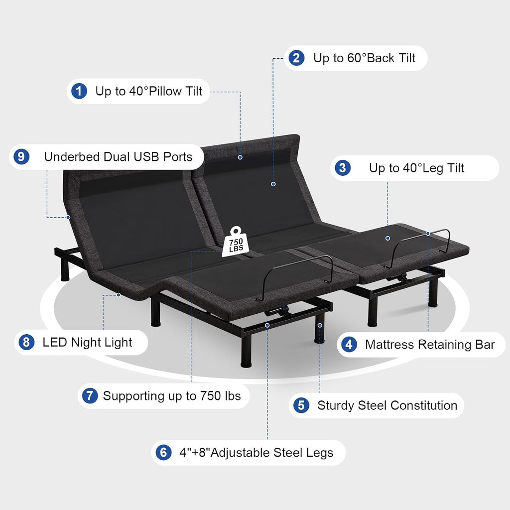 Split King Adjustable Bed Frame with Thickened Frame, Pillow-Tilt, Separate Head/Foot Lift, Zero Gravity, Anti-Snore