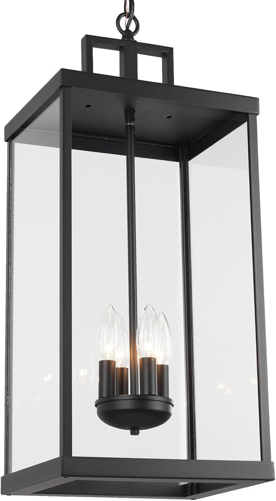 Outdoor Pendant Light, 25'' Large Hanging Lights Lantern Light, Modern Outside Chandelier with Clear Glass