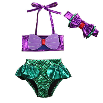 Baby Girls 2 Piece Mermaid Swimsuit Hanging Neck Shell Pearl Halter Bikini Tops and Tulle Patchwork Mermaid Tail