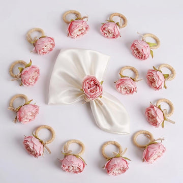 Flower Napkin Rings | Rustic Rose Tulip Napkins Holder | Spring Napkin Rings & Flower Stem Napkins Holder - Set of 12