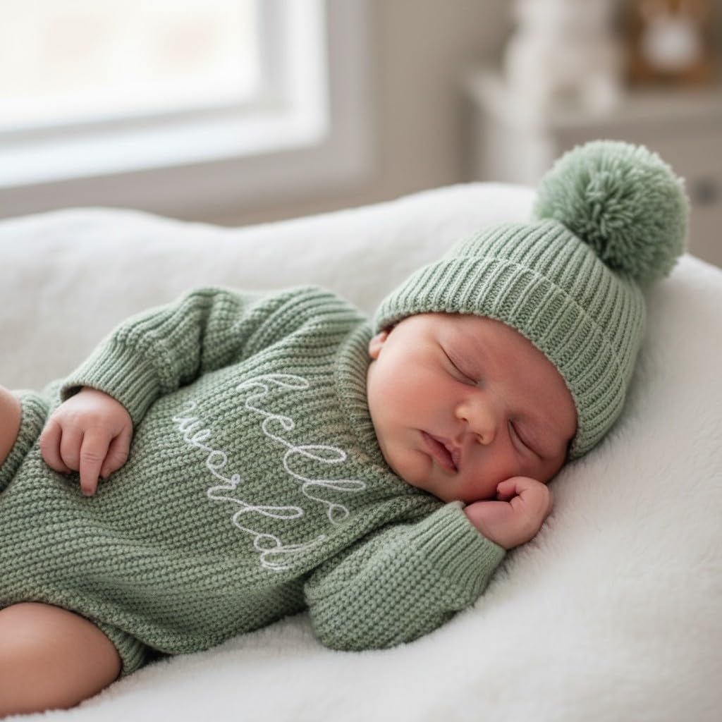 Knit Sweater and Beanie Hat Set, Pom Pom Detail, Long Sleve, Round Neck.