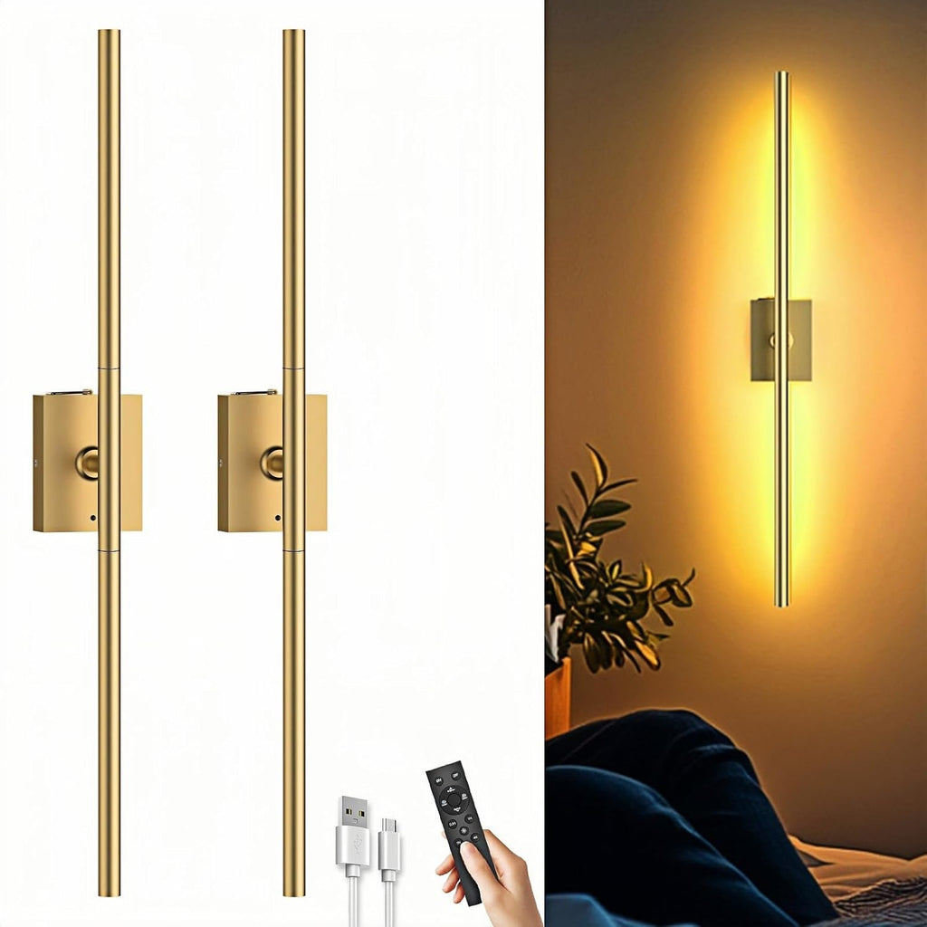 Battery Operated Wall Sconces Set of Two: Dimmable Wireless Wall Lights with Remote, 31-inch LED Rechargeable