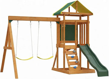Cedar Wooden Backyard Playset with Swings, Wave Slide, Rock Wall Ladder, Sandbox Chalkboard & Canopy Roof, Outdoor