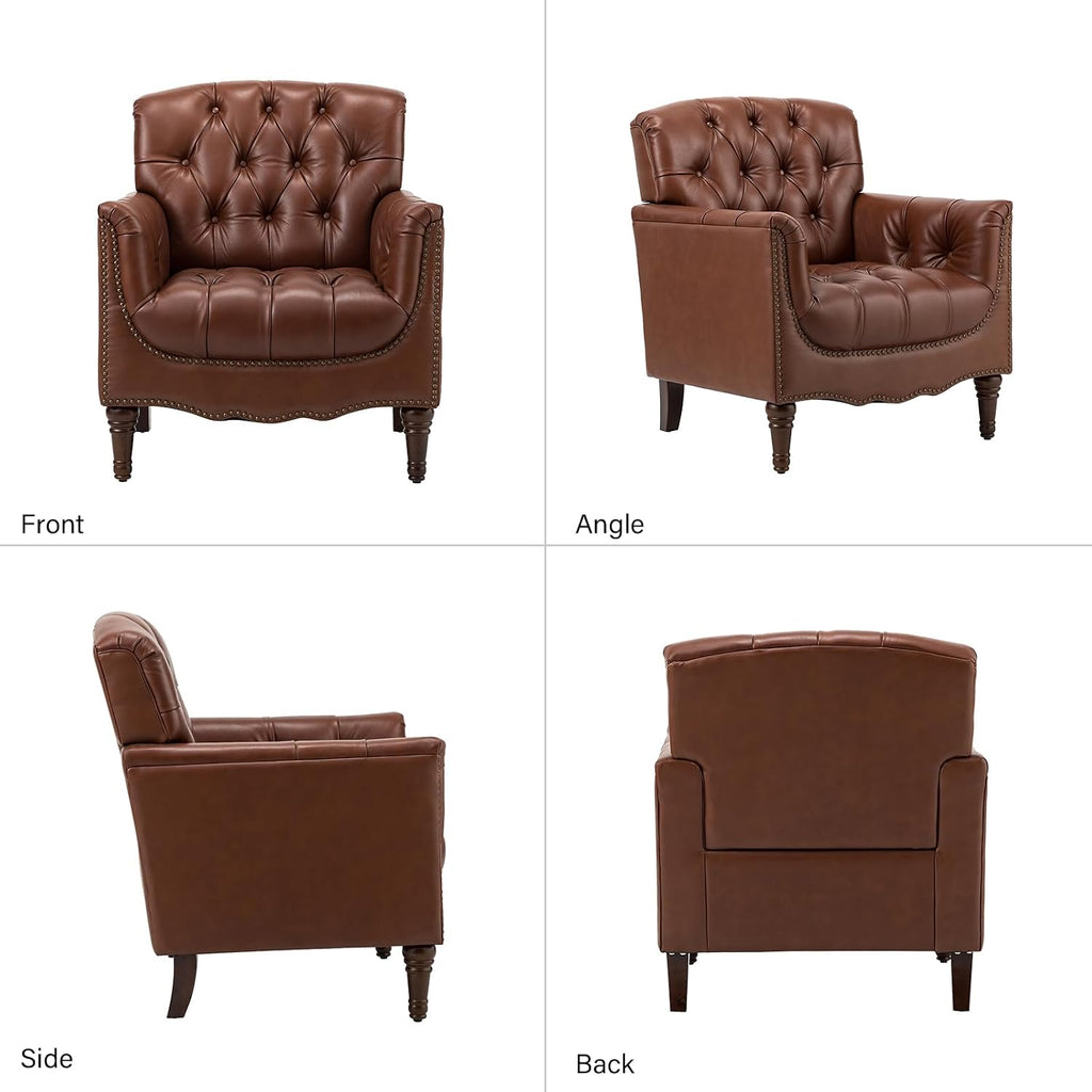 Mid Century Modern Genuine Leather Accent Chair, Brown