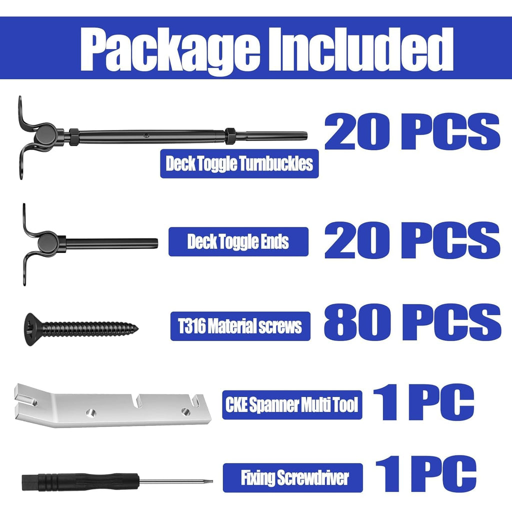 20 Pairs 1/8" Black Cable Railing Hardware Kit Swage Toggle Turnbuckle for Wood Post, T316 Stainless Steel Black Deck