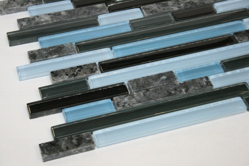 Random Brick Pattern Glass Wall Tile (Black, Gray & Blue Glass with Blue Pearl Granite)