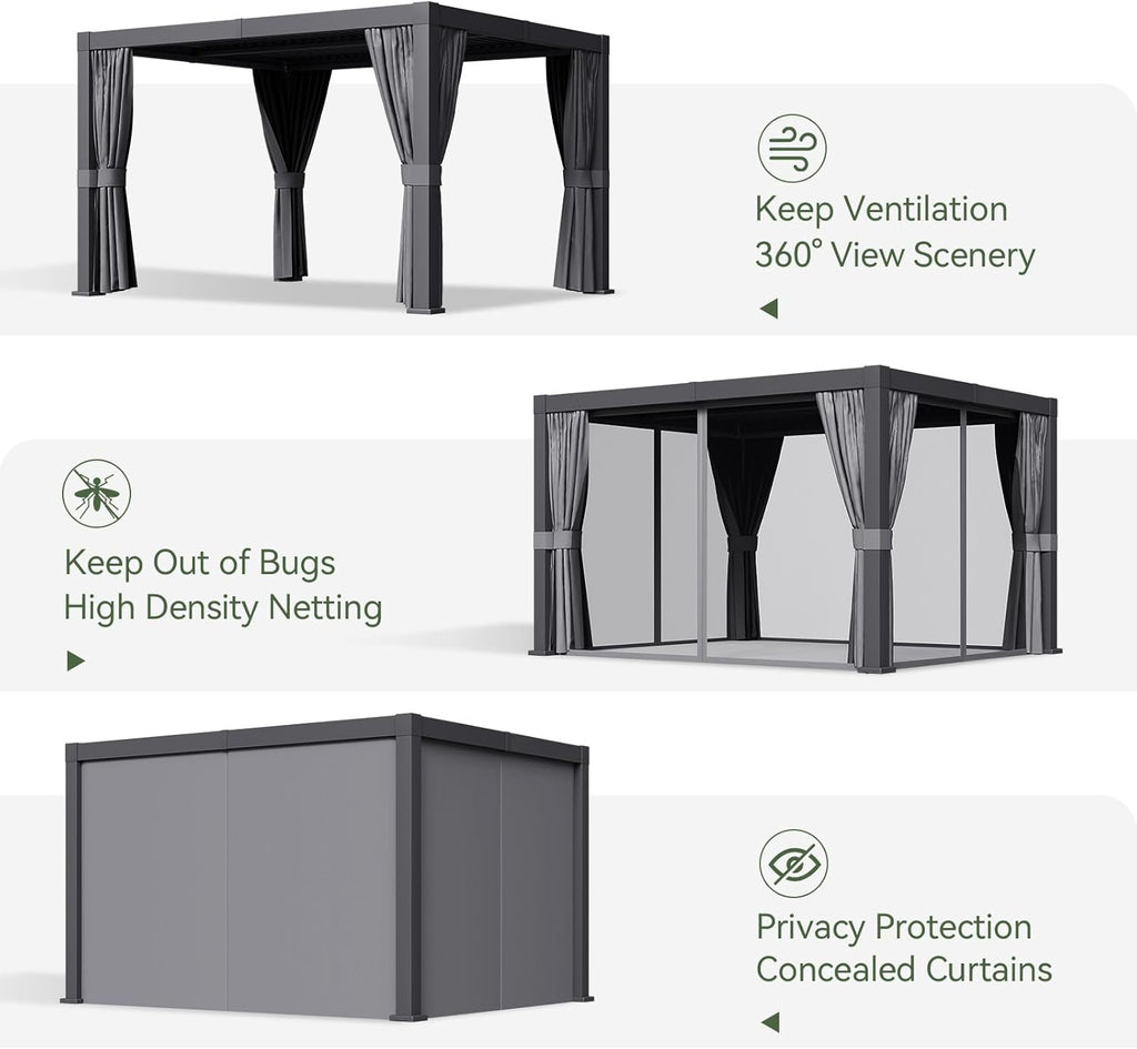 Aoxun Louvered Pergola 10' x 12' Outdoor Aluminum Pergola with Adjustable Top for Decks, Gardens and Backyards, Gray