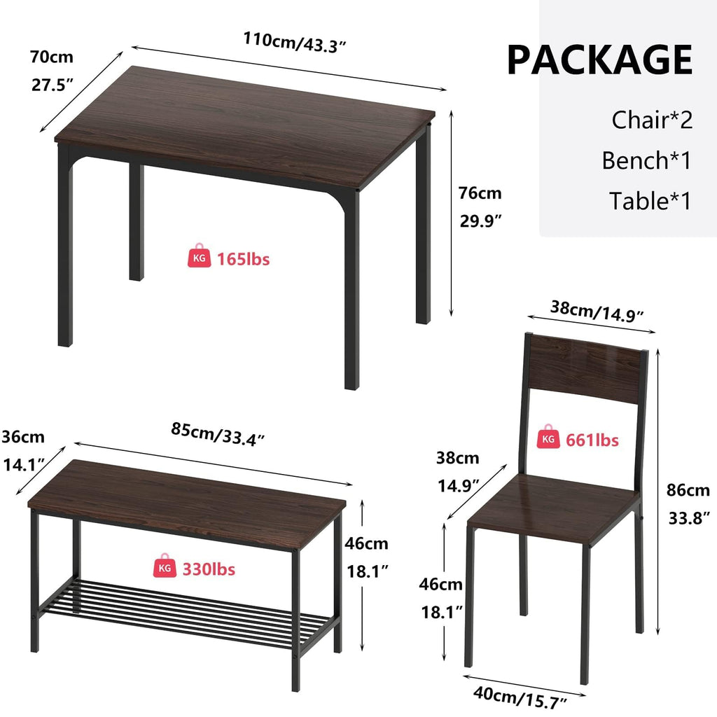 Dining Table Set for 4, with Two Chairs and One Bench/4 Piece Set, Wooden Table Top with Metal Legs for Breakfast