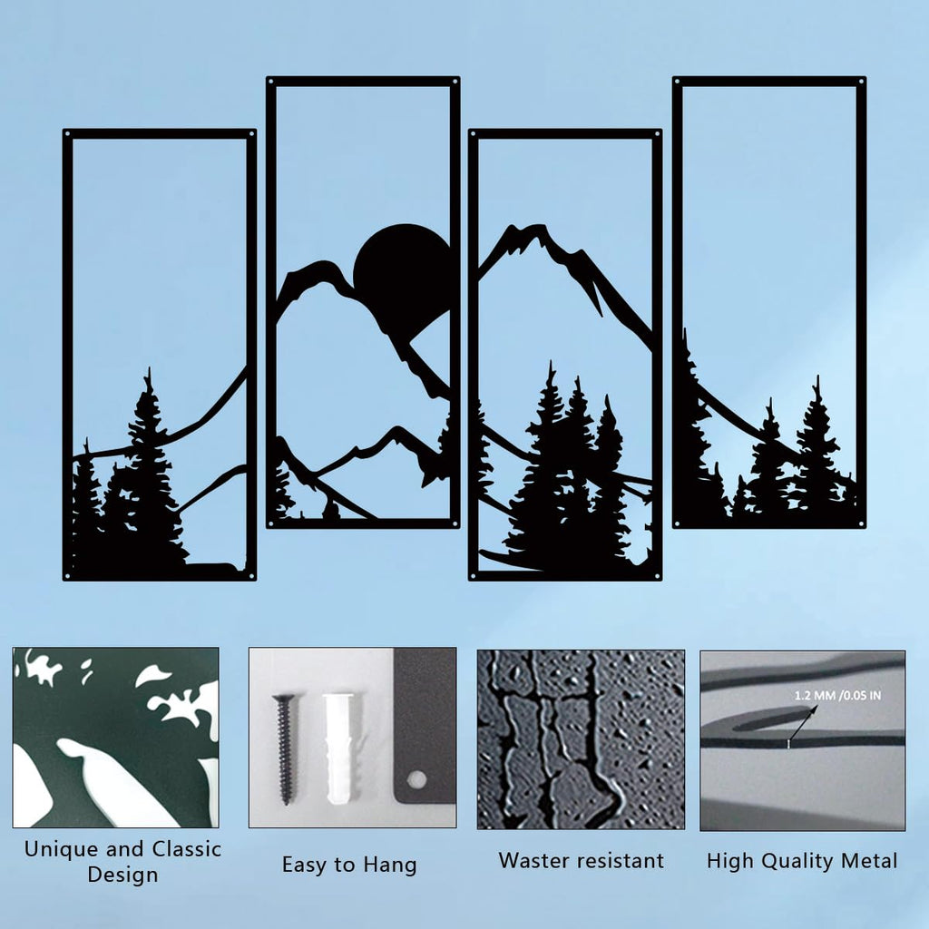 4 Pcs Black Metal Wall Art Sunset Mountain Forest Wall Decor22x9.4In