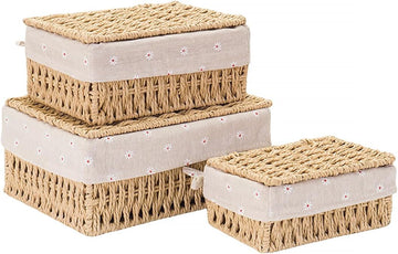 GIB Small Wicker Storage Baskets with Lid/Liner Woven Cute Decorative Boxes | Boho Paper Rope Baskets for Shelves
