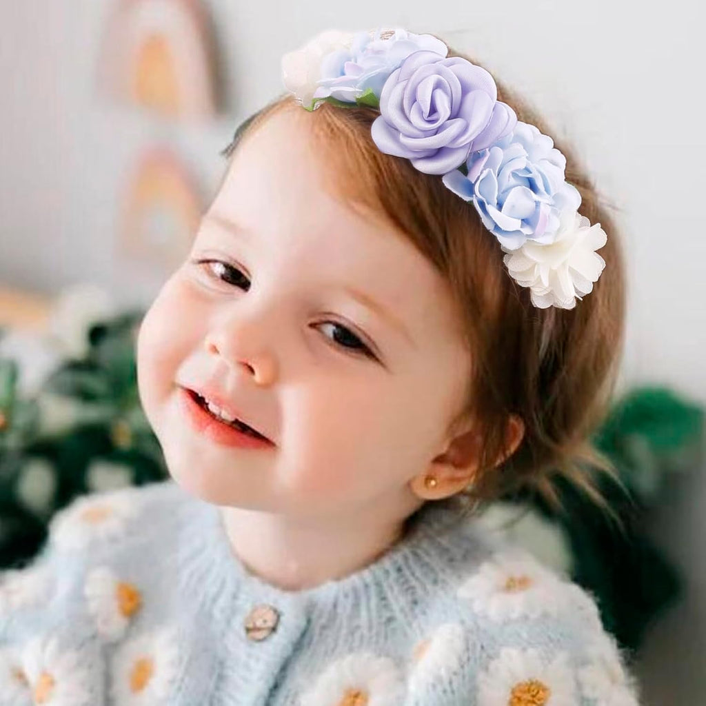 Nylon Headbands for Baby Girl, 3Pcs Handmade Floral Hair Bows, Stretchy Flower Hairbands for Newborns Infants Toddlers