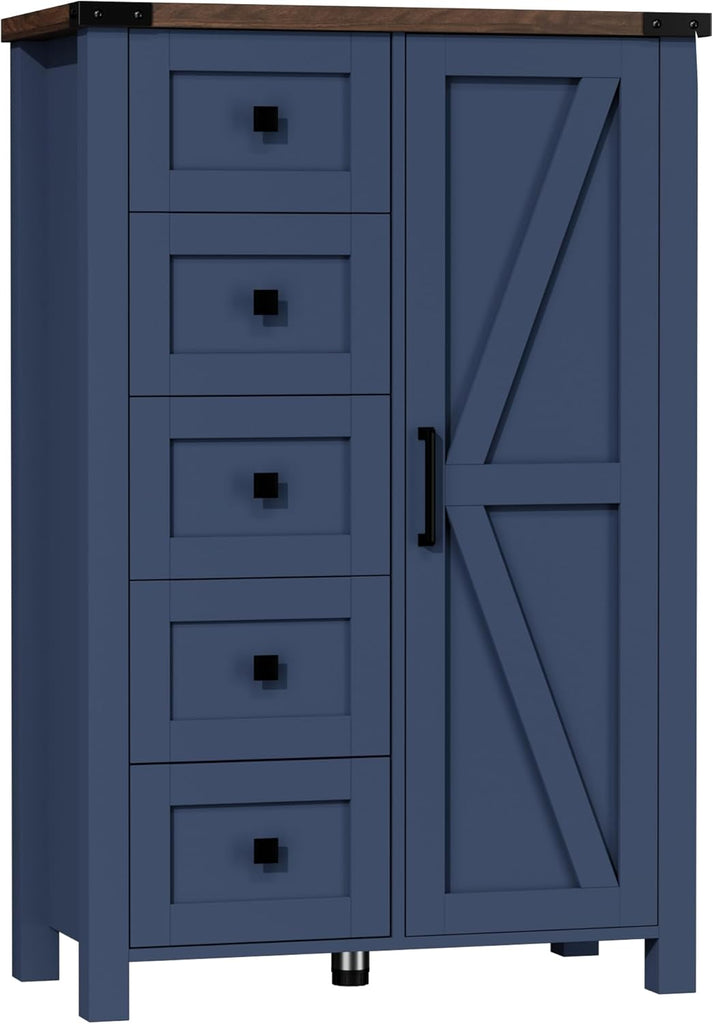 Farmhouse Tall Dresser Chest of Drawer , 5 Drawer Storage Cabinet with Barn Door, 48 Inch Tall Wood Dresser