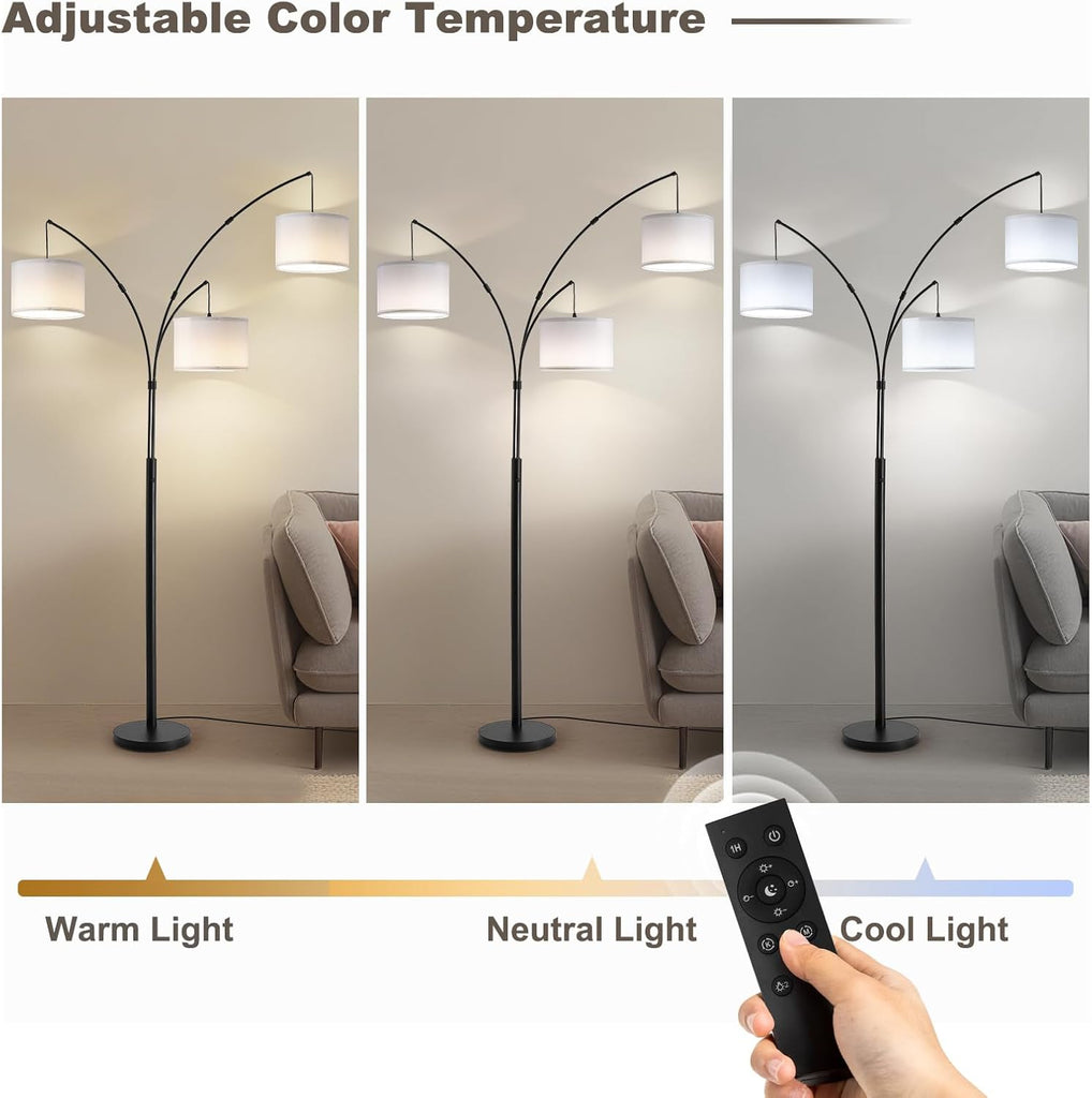Floor lamp with Remote, 3 Light Arc Floor Lamps, 2400LM Tall Standing Floor Lamps with White Shades