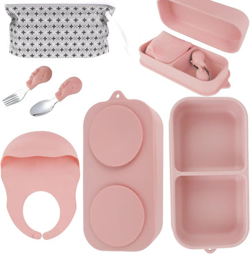 Travel Silicone Baby Feeding Set with 316 Stainless Steel Spoon & Fork,Silicone Suction Plates, Foldable Bib
