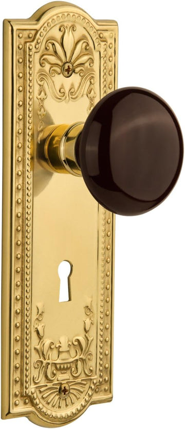 Meadows Plate with Keyhole Brown Porcelain Knob, Passage - 2.375", Unlacquered Brass