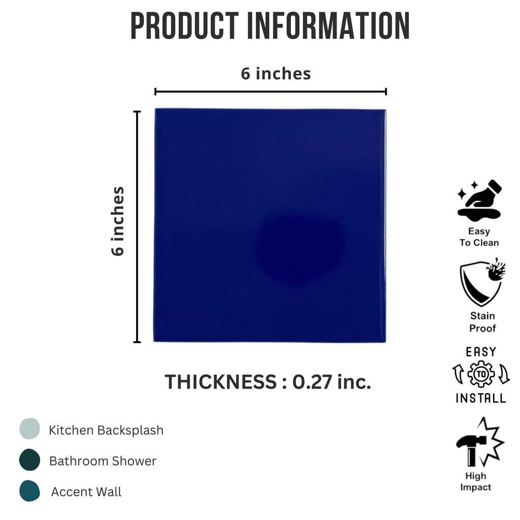 Classic 6x6 Glossy Cobalt Blue Ceramic Wall Tile - Box of 8 Pieces (2 Sq Ft) Backsplash, Bathroom Wall, Shower &
