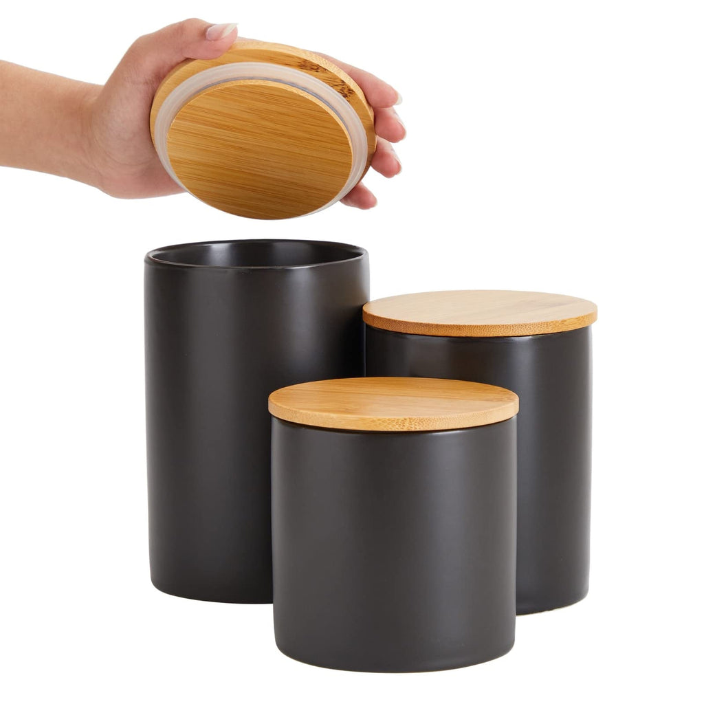 Set of 3 Matte Black Kitchen Canister with Airtight Wooden Bamboo Lids, Kitchen Counter Containers, Food Storage