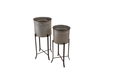 2‐Piece Round Corrugated Metal Planters on Stands, Silver and Black