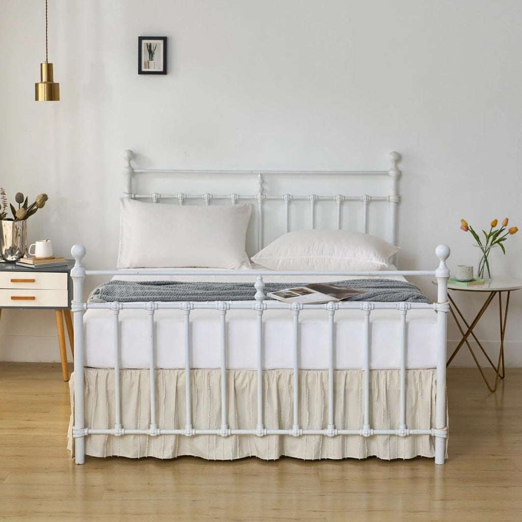 Bed Skirt Queen Size - Ruffled Bed Skirt - with Split Corners - Cream | Striped Boho Tufted -14 Inch Drop Bedskirt