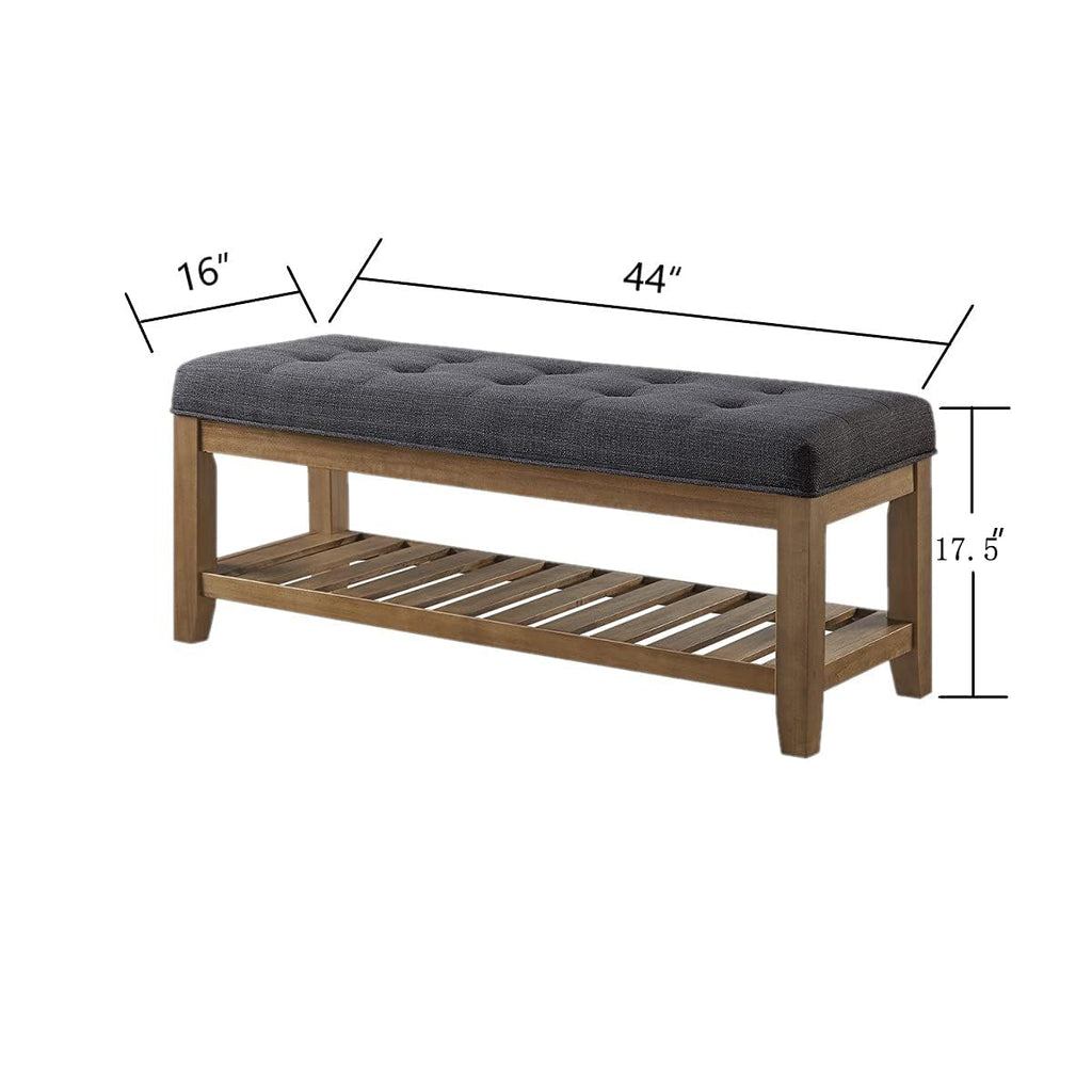 Large Rectangular Upholstered Tufted Linen Fabric Ottoman Bench, Padded Bench with Solid Wood Shelf-Charcoal