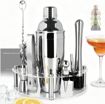 9-Piece Cocktail Shaker with Stand, 25oz Bartender Kit, Cocktail Shaker with Strainer Set, Bar Set Jigger - Set of 9