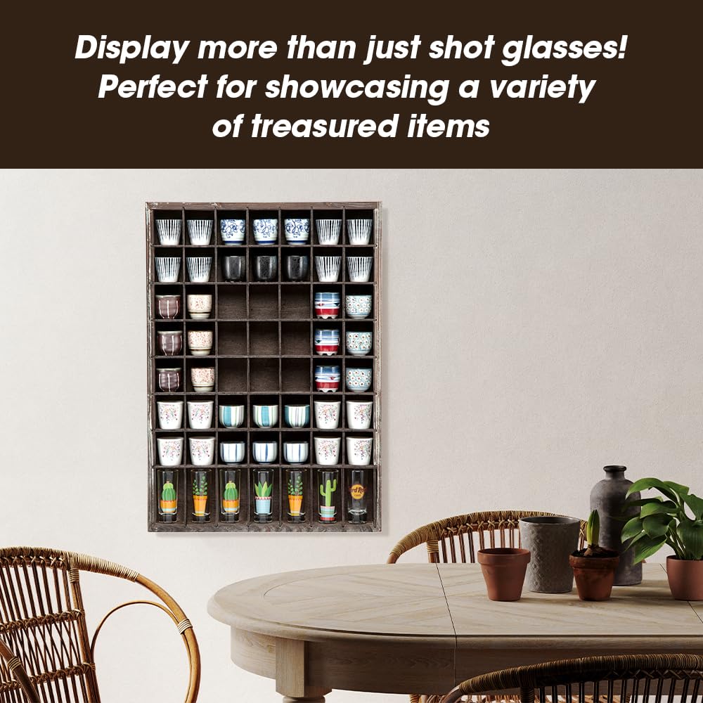 Shot Glasses Display Case(Set of 2) 56 Compartments Wall Mount Pint Glass Shadow Box Bar Cabinet Collection