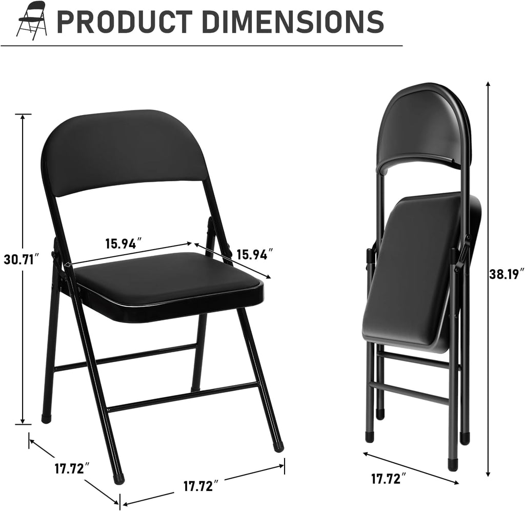 6 Pack Black Folding Chairs with Padded Cushion and Metal Frame, 350lbs