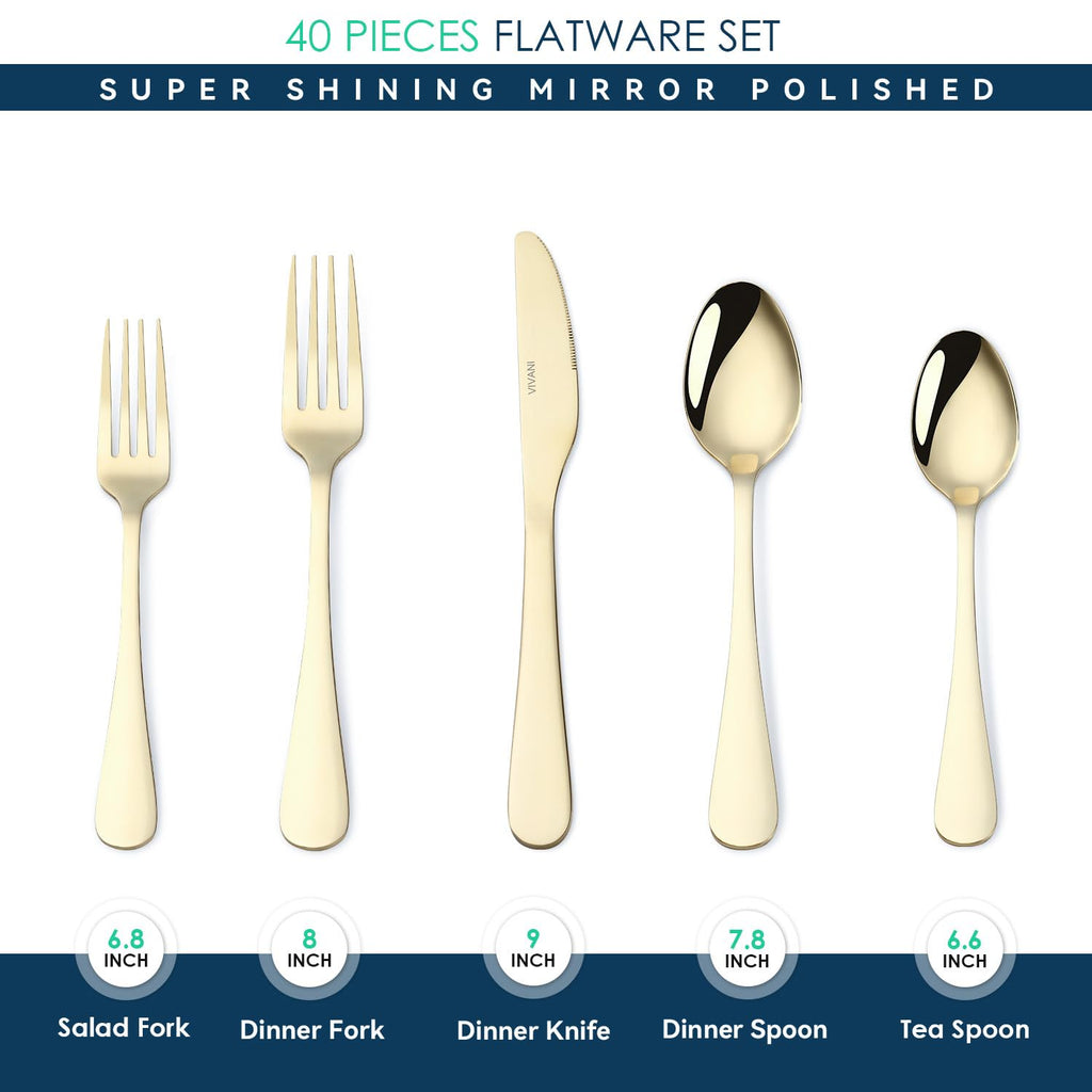 40pcs Champagne Gold Silverware for 8, 18/0 Stainless Steel Flatware