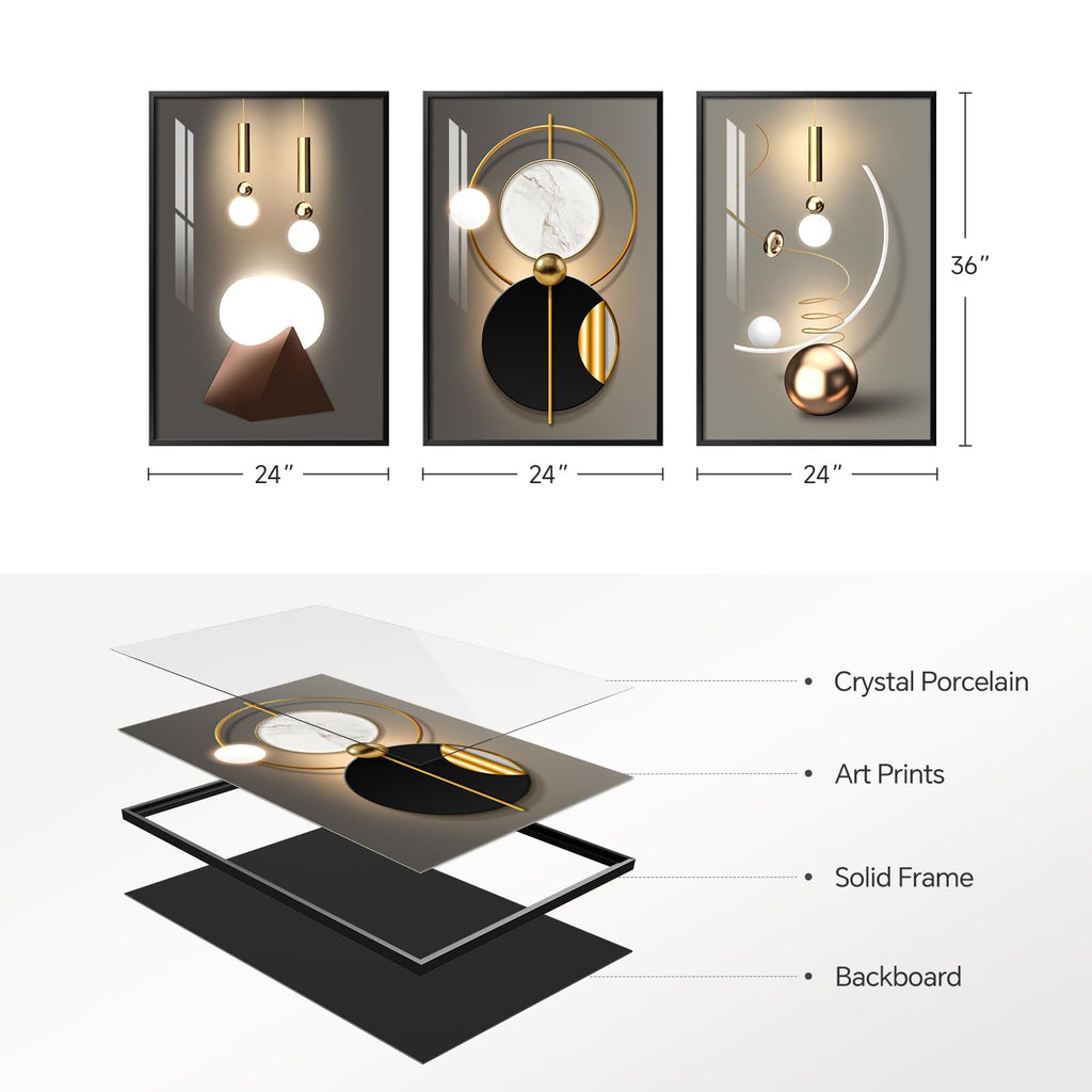 Framed Modern Black White and Gold Wall Art, 24x36 Inch