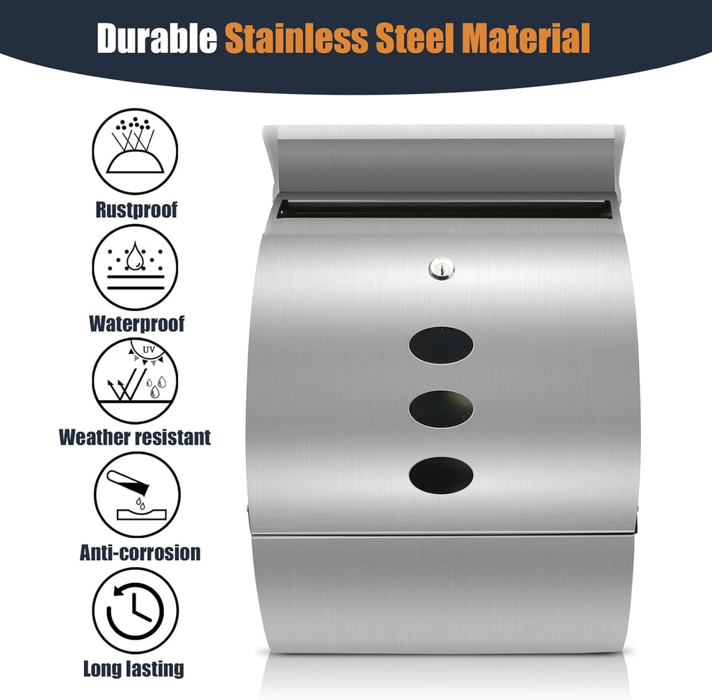 Stainless Steel Mailbox, Large Capacity Wall-Mount Mailbox, Locking Mailbox with Key Lock