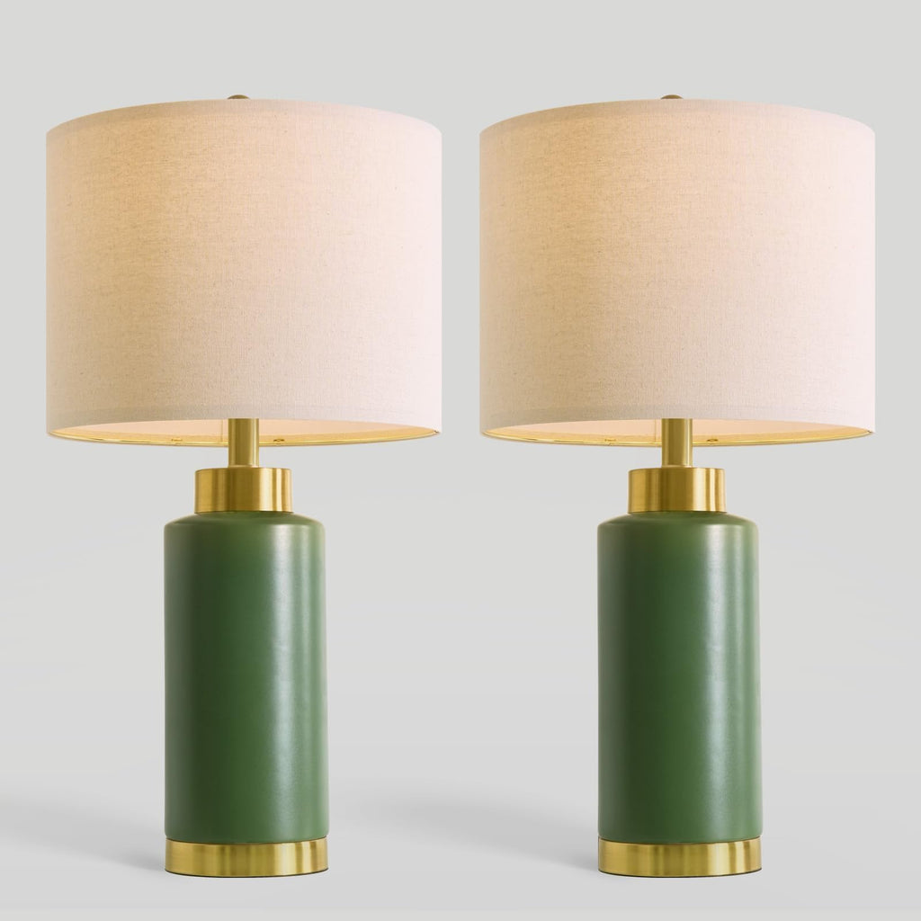 25" Green Ceramic Table Lamp Set of 2, Modern Mid-Century Bedside Nightstand Lamps Living Room, Linen Shade & Gold