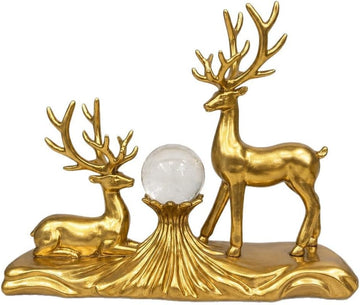 Gold Resin Deer Figurine Set with Crystal Ball, 26 x 21.5 cm