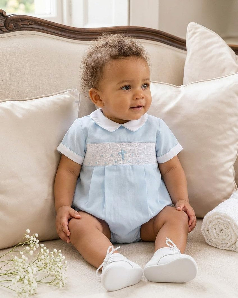 Baby Boy Blue Hand Smocked Cross Bubble Romper, Baptism