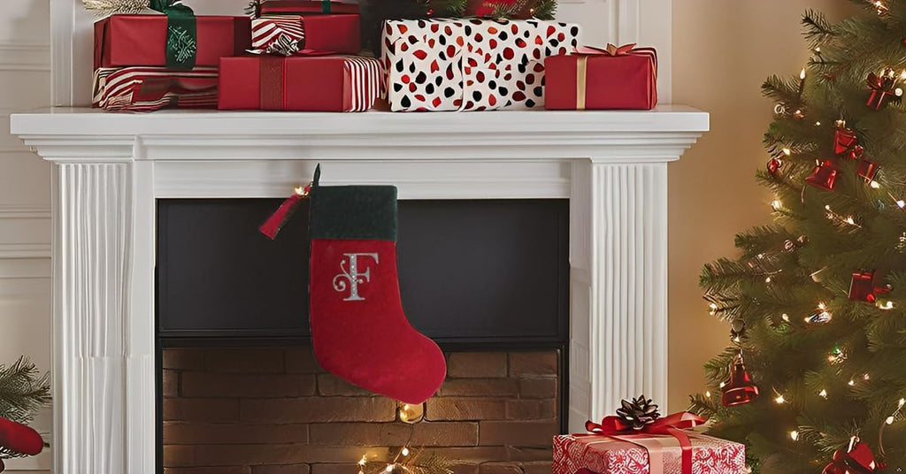Christmas Stocking Red & Green Velvet with Tassel, Rhinestone Monogram (F)