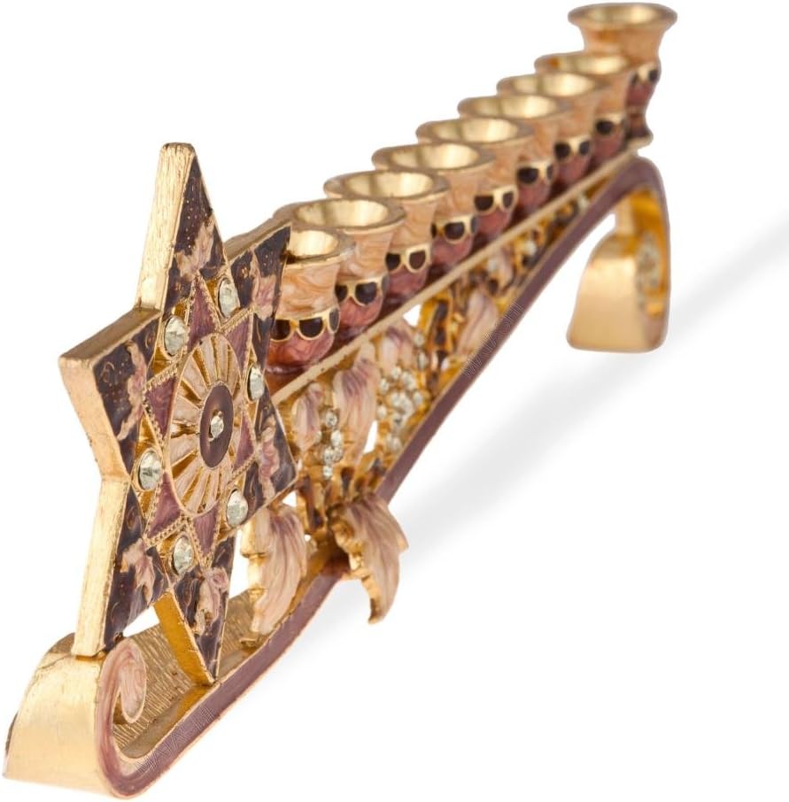 9.25 Inch Long Hand Painted Enamel Candelabra Embellished with a Star of David Design and Embellished with Gold