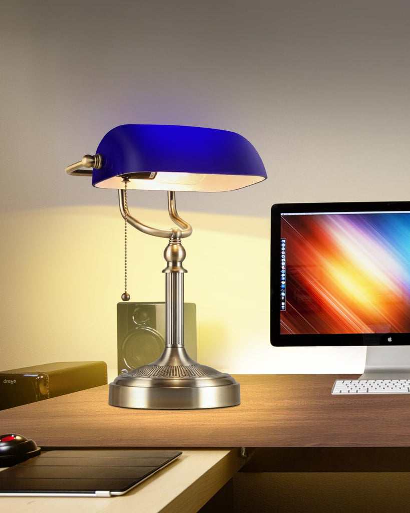 Blue Glass Bankers Desk Lamp, Plug in